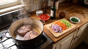 Dos piezas de osso buco friéndose en una olla sobre la estufa. En la mesada: cebolla, zanahoria, apio, ajo, tomate, vino tinto, caldo y perejil.
