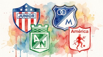 Cuatro escudos de equipos de fútbol estilo acuarela: Junior, Millonarios, Atlético Nacional, América. Fondo blanco con salpicaduras de colores.