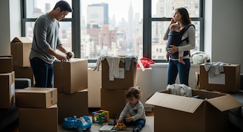 Hombre sellando caja, mujer con bebé en portabebés, niño sentado jugando con juguetes, varias cajas de mudanza en un apartamento con grandes ventanas.