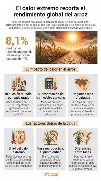 Infografía sobre el impacto del calor extremo en el arroz con un campo de arroz y tierra agrietada, sol, números, iconos de termómetro, calculadora y mapa de Asia.