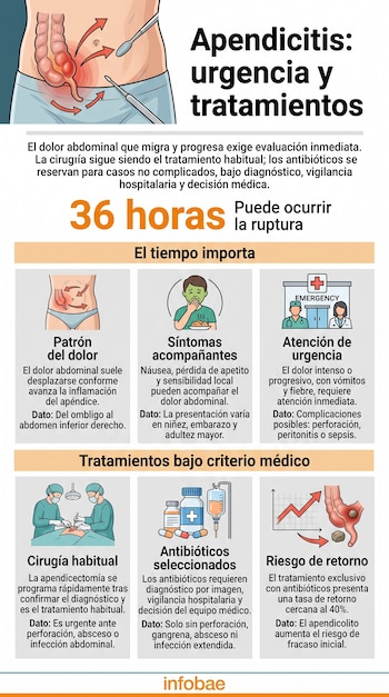 Gráfico con diagramas del abdomen, un aviso de 36 horas y secciones explicativas sobre síntomas, atención de urgencia y tratamientos médicos.