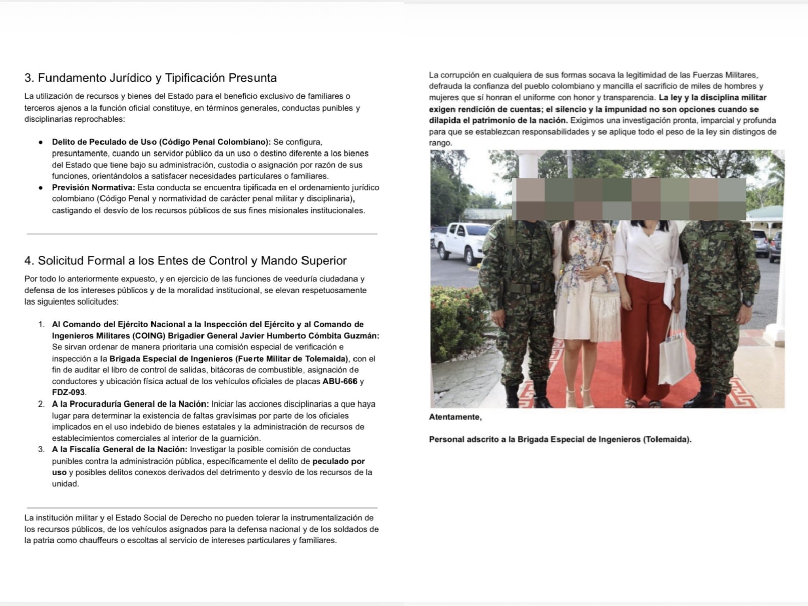 El personal firmante del reporte solicitó el envío de una comisión especial de inspección para esclarecer el presunto peculado por uso en Tolemaida - crédito @SARGENTOCHALA / X