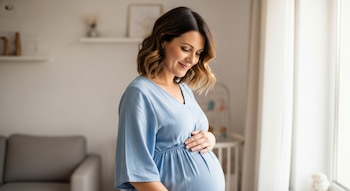 Una mujer de mediana edad, embarazada, con cabello castaño, vestida con un vestido azul claro, sonríe y se toca la barriga en una habitación luminosa.