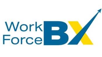 Logotipo de WorkForce BX. El texto "WorkForce" es azul y "BX" es azul con la barra de la "X" en amarillo. Una flecha azul asciende desde la "X"