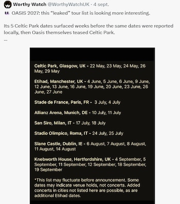 Supuestas fechas de concierto de Oasis en 2027