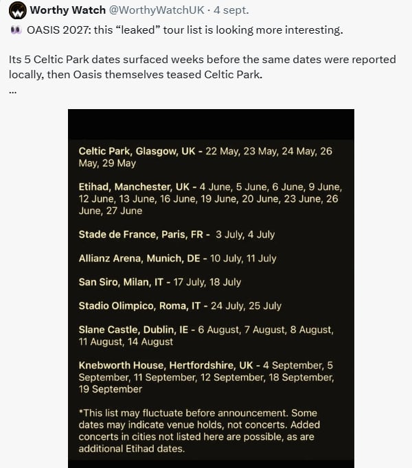 El calendario filtrado suma paradas en París, Múnich y Roma, además de las fechas británicas e irlandesas. (Captura/X)
