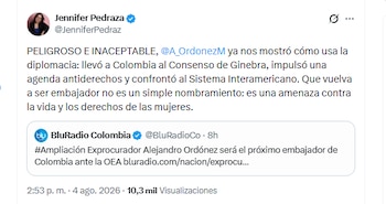 La congresista Jennifer Pedraza rechazó el nombramiento de Alejandro Ordóñez como embajador ante la OEA - crédito @JenniferPedraz/X