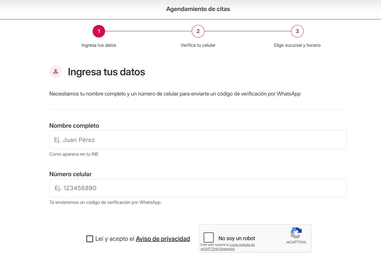 El portal web del Monte de Piedad permite agendar citas en línea mediante la captura de datos personales, número de teléfono y selección de sucursal. (Captura www.montepiedad.com.mx/cita-sucursal/)
