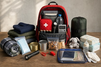 Mochila roja abierta en una mesa junto a un botiquín, alimentos enlatados, linternas, radio, mantas, documentos y artículos para bebé.