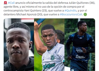 El anuncio oficial del Deportivo Cali sobre el primer reporte de los jugadores que no seguirán en el equipo azucarero, Julián Quiñones, Michael Aponzá y Yani Quintero - crédito @pipesierrar/X