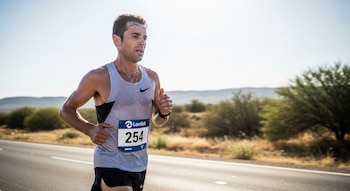 Hombre con camiseta de tirantes y dorsal 254 corre en carretera, el cuerpo cubierto de sudor, con arbustos y colinas en el fondo bajo cielo claro.