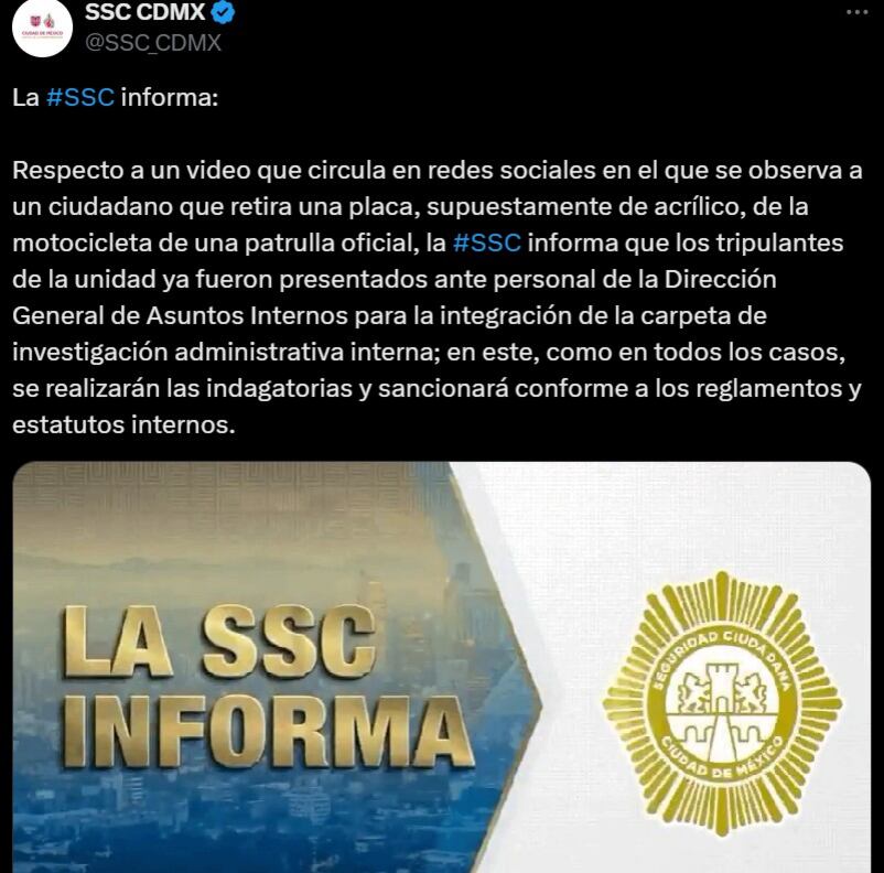 Comunicado del SSC-CDMX respecto al video viral de los dos elementos con placas falsas en su motocicleta.