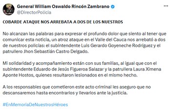 El director de la Policía Nacional lamentó la pérdida de los uniformados y reafirmó el compromiso institucional para capturar a los autores del ataque. - crédito @DirectorPolicia/X