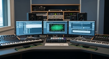 Estudio de música vacío con tres monitores encendidos, dos teclados MIDI, una interfaz de audio, un teclado de ordenador y cuatro módulos de memoria RAM.