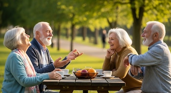 Cuatro adultos mayores sentados en una mesa de picnic con tazas de café y un cesto de frutas, conversando y riendo en un parque.
