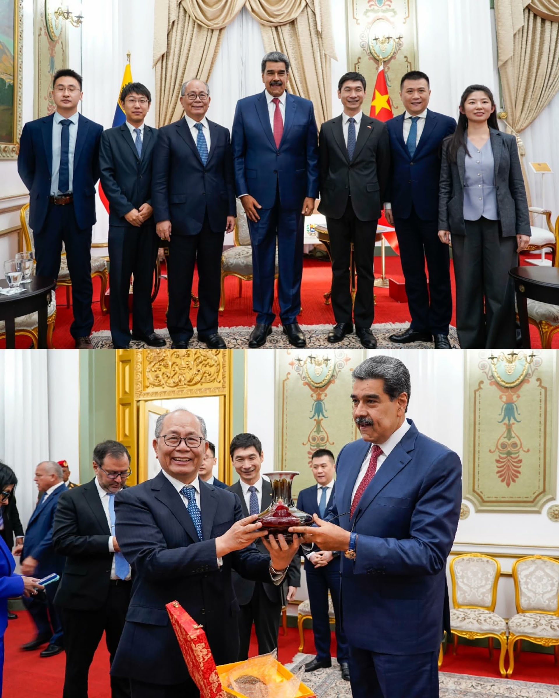 La delegación del régimen chino con Qui Xiaoqi, Enviado Especial de Xi Jinping para América Latina, y Nicolás Maduro, este viernes 2 de enero en el Palacio de Miraflores, en Caracas, Venezuela (@nicolasmaduro)