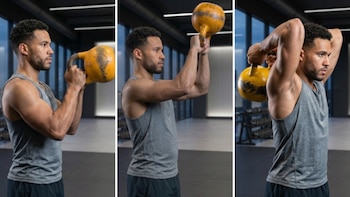 Tres paneles muestran a un hombre con camiseta gris y pantalones oscuros sosteniendo una kettlebell amarilla oxidada en un gimnasio