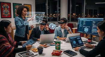 Cinco estudiantes interactúan con tecnología en una mesa: una mujer usa pantalla holográfica, dos hombres visores de realidad virtual y otros con laptops y tablets.