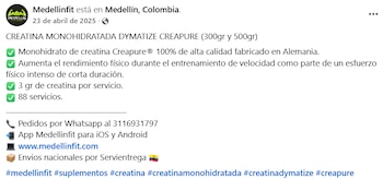 O produto foi encontrado nas redes sociais, principalmente no perfil do Facebook ‘MedellinFIT’, onde foi recomendado como suplemento – crédito Medellín Fit / Facebook