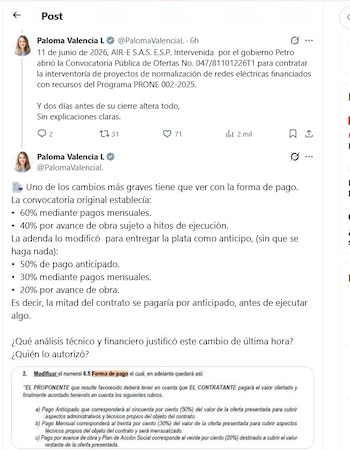 La exsenadora cuestionó la modificación de requisitos de experiencia, el esquema de pagos y las garantías del proceso contractual-crédito @PalomaValenciaL/X