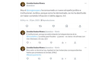 Tweet de Zoraida Ávalos.
Foto: Twitter