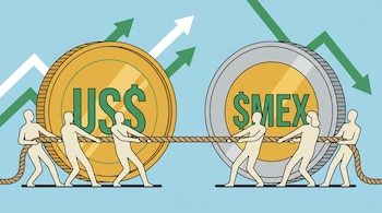 Ilustración de dos monedas grandes, dólar US$ (dorado) y peso $MEX (plateado), frente a frente. Figuras tiran de una cuerda. Fondo azul con flechas de gráficos.