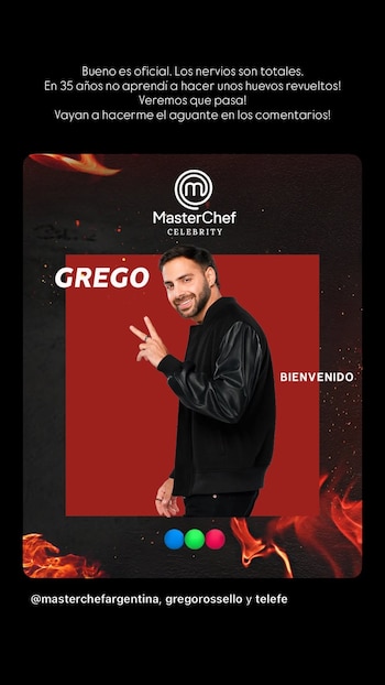 Gráfica promocional con la imagen de Grego Rossello, el logotipo de MasterChef Celebrity y la palabra Bienvenido sobre fondo oscuro
