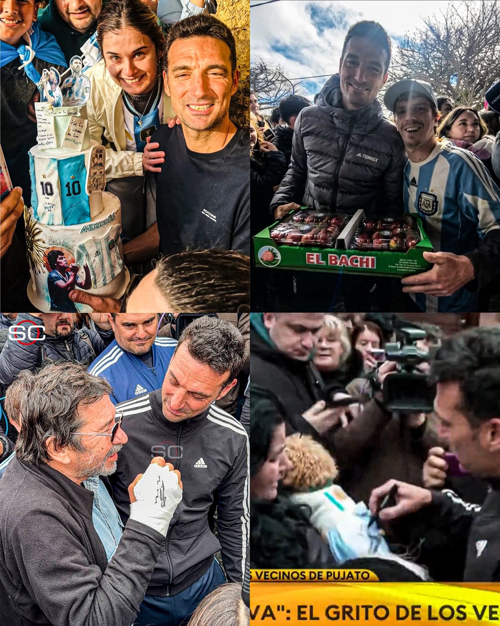 Cuatro momentos de Scaloni en Pujato: la torta y las frutillas que le regalaron, el yeso que firmó y el autógrafo a un caniche