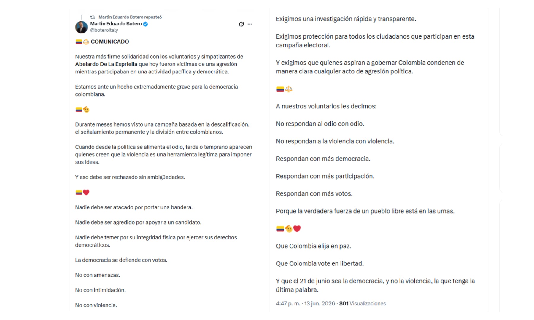 El abogado Martín Eduardo Botero rechazó los hechos de violencia que se presentaron en Chía en contra de simpatizantes de la campaña de De la Espriella - crédito @boteroitaly/X