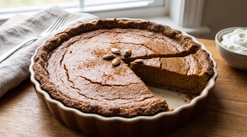 Tarta de calabaza en molde de cerámica con una porción cortada, semillas encima, un tenedor sobre una servilleta y crema batida.