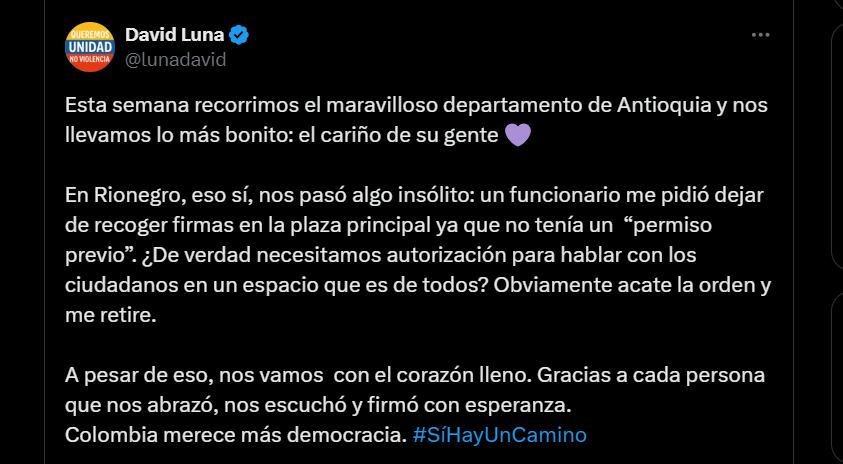 David Luna explicó lo sucedido en Rionegro, Antioquia, a través de su cuenta de X - crédito @lunadavid/X