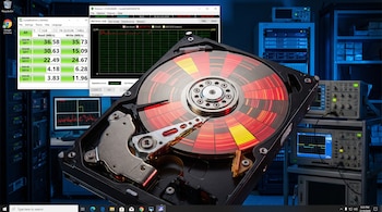 Primer plano de un disco duro HDD con sectores iluminados en rojo y amarillo, mostrando daños. Una interfaz de Windows con herramientas de diagnóstico se ve en el fondo.