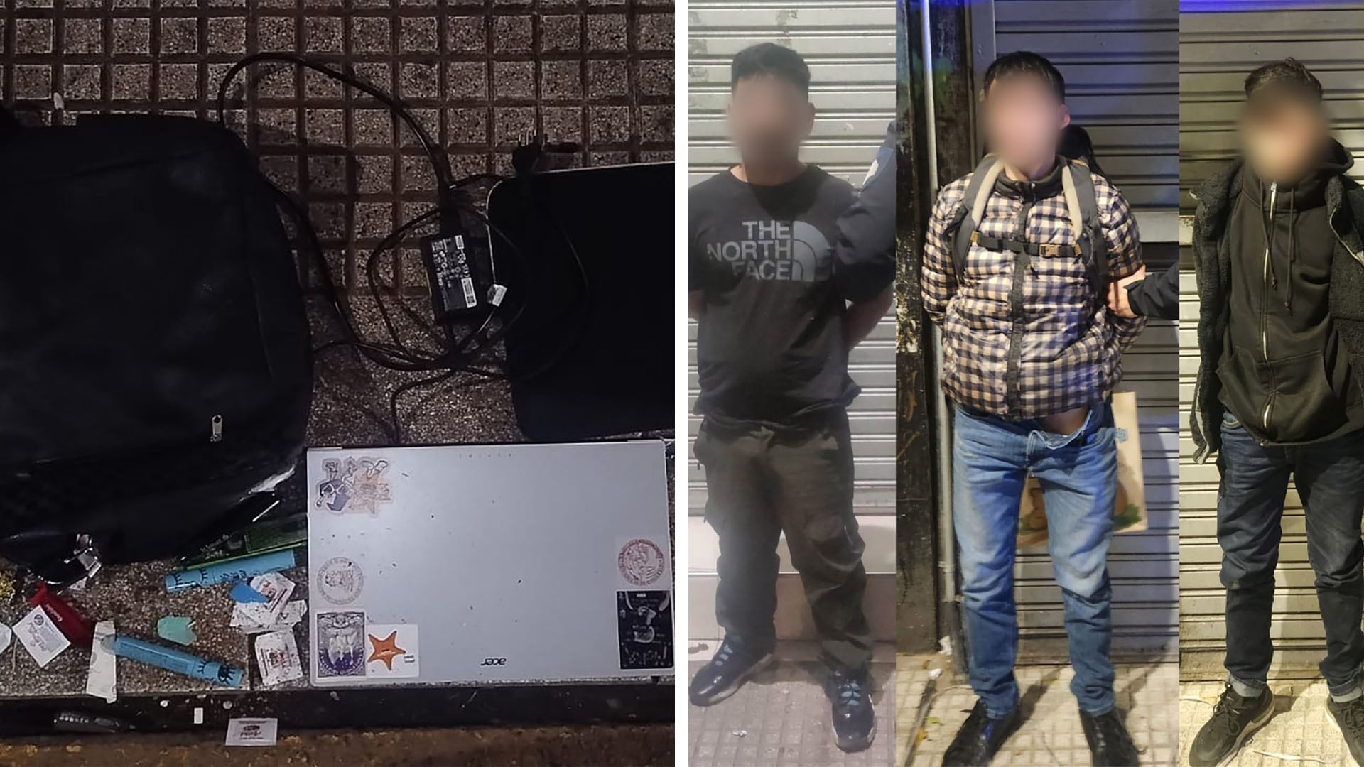 Tres hombres chilenos son custodiados por la Policía de la Ciudad en Balvanera tras ser detenidos por intentar robar en un departamento. A la izquierda, parte de los elementos descartados por los delincuentes