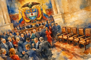Pintura acuarela del Capitolio de Colombia con congresistas, escudo, banderas, cartel "POSESIÓN PRESIDENCIAL" y sillas de madera vacías.
