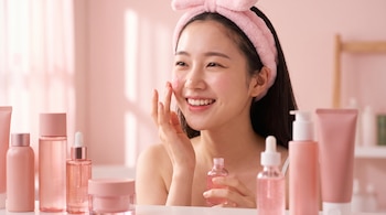 Una mujer con cinta rosa en la cabeza aplica un producto en su rostro frente a diversos envases cosméticos rosas.