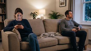 Un hombre y una mujer sentados en los extremos de un sofá beige, cada uno mirando la pantalla de su teléfono móvil.