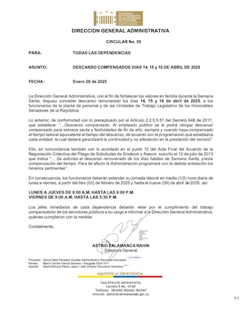 Circular del Senado sobre Semana Santa - crédito Senado de la República