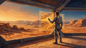 Pintura de un astronauta de espaldas tocando una pantalla transparente frente a un gran ventanal que da a un paisaje rocoso de color anaranjado.
