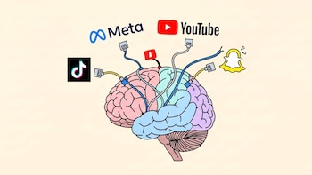 Ilustración de un cerebro multicolor conectado por cables con los logotipos de Meta, YouTube, TikTok y Snapchat, y un icono de campana de notificación