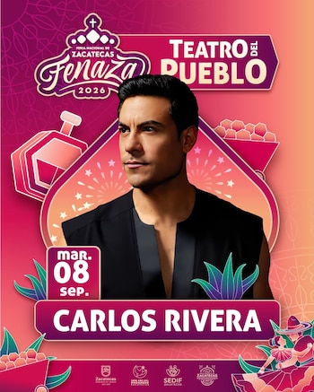 Cartel promocional con retrato de Carlos Rivera, logos FENAZA 2026 y Teatro del Pueblo, texto 08 septiembre, y diseño con agave y una pareja