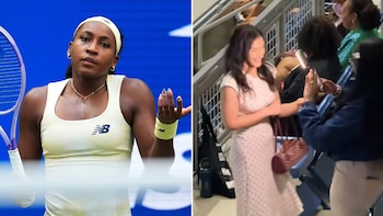 Composición con la tenista Coco Gauff sosteniendo una raqueta a la izquierda y una mujer fotografiada en la tribuna a la derecha