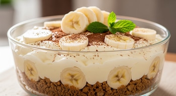 Un postre en un cuenco de cristal muestra capas de migas, rodajas de plátano, crema, espolvoreado con cacao y decorado con una hoja de menta.