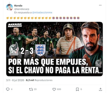 Captura de pantalla. Meme de fútbol con jugadores de México, El Chavo del 8, un hombre barbudo y un marcador 2-3 entre México e Inglaterra
