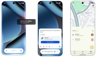 Tres pantallas de teléfono con una pregunta sobre un pasaporte, una respuesta de Google Gemini y un mapa con objetos guardados
