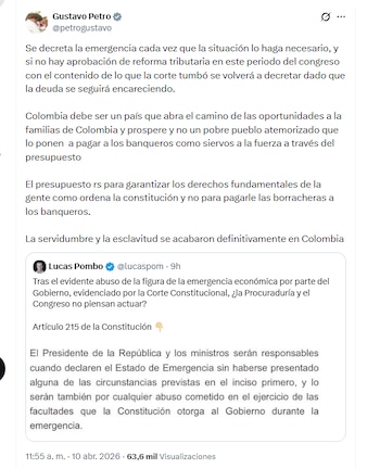 El presidente Gustavo Petro aseguró que se decretará una nueva emergencia económica si el Congreso no aprueba una nuevo reforma tributaria - crédito @petrogustavo/X