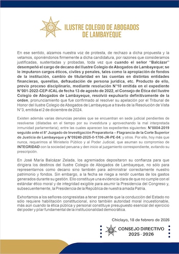 Gremio legal lambayecano expresa “rechazo