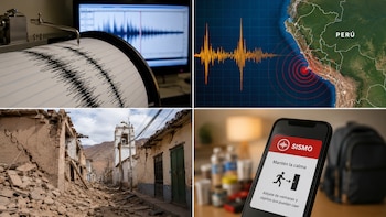 Cuatro imágenes: sismógrafo registrando ondas, mapa de Perú con epicentro sísmico, edificios dañados y un teléfono móvil con aviso de sismo