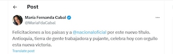 María Fernanda Cabal felicitó a