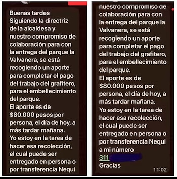 Entre las pruebas divulgadas por el concejal se menciona aportes de $80.000 por persona para completar el pago del grafitero encargado del embellecimiento del parque Valvanera. - crédito @RolandoGonGa/X