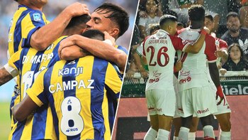 Montaje fotográfico con futbolistas de Rosario Central abrazados a la izquierda y futbolistas de Huracán celebrando bajo la lluvia a la derecha